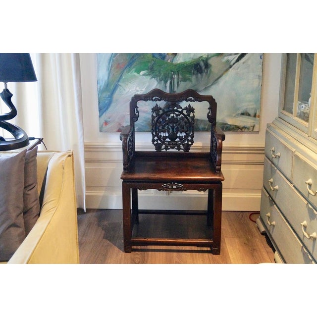 Chinese Wooden Chair with Carved Back and Armrests, 1850 For Sale - Image 13 of 14