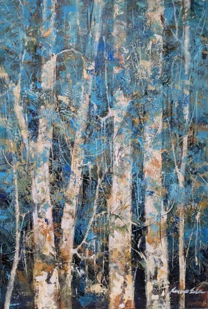 White Trees. Contemporary Abstract Landscape Painting With White Trees, Blue Forest by Kanayo Ede
