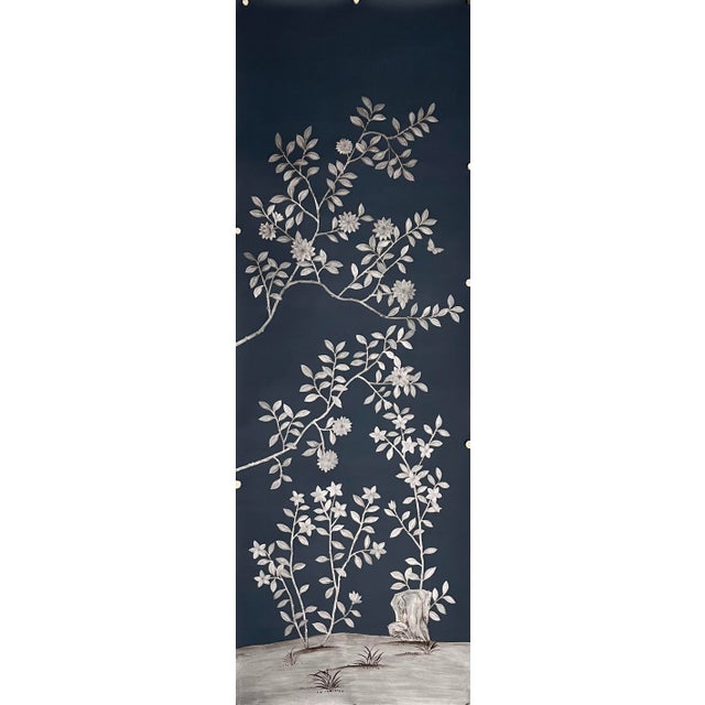 Not Yet Made - Made To Order Custom Hand-Painted Mural | Chinoiserie Navy Floral Tree Bird Wallpaper Covering For Sale - Image 5 of 10