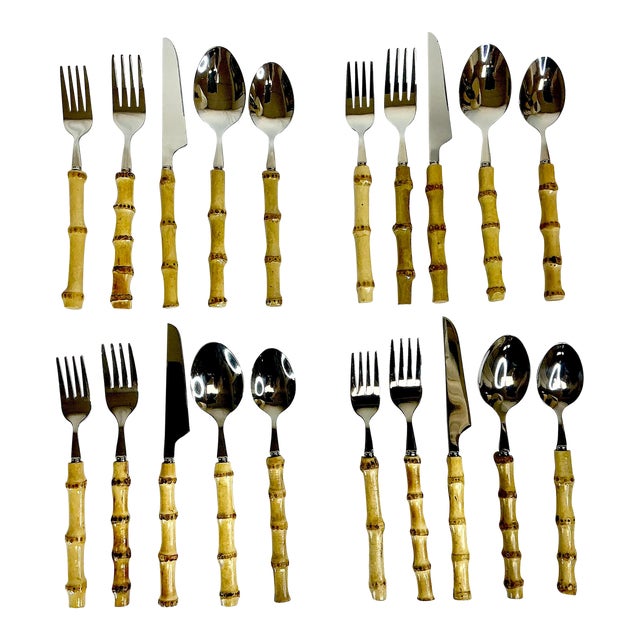 Chinoiserie Coastal Bamboo 18/8 Stainless Steel Flatware - Set of 20 Pieces, 4 Place Settings. For Sale