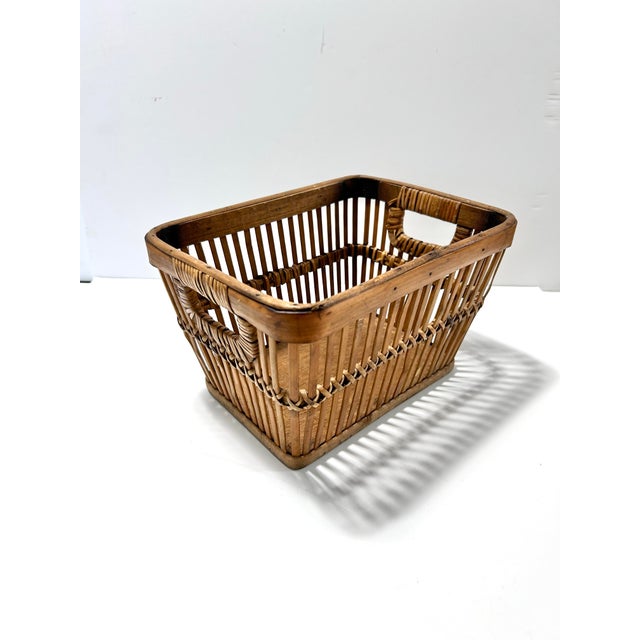 Vintage Woven Wood & Rattan Storage Basket With Handles – Rustic Kitchen, Pantry or Countertop Organizer For Sale - Image 9 of 11