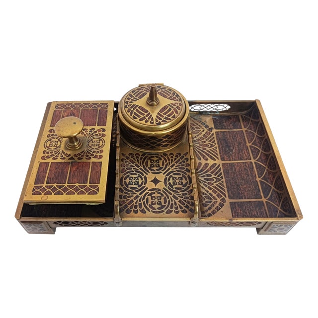 Antique Art Nouveau Brass Inlaid Inkwell with Rocker Blotter by Erhard & Söhne, Germany, 1910, Set of 2 For Sale
