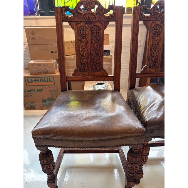 Gothic Set of 4 - Antique Gothic Revival Carved Oak Hall Chairs - Leather Seat Nailhead For Sale - Image 3 of 8
