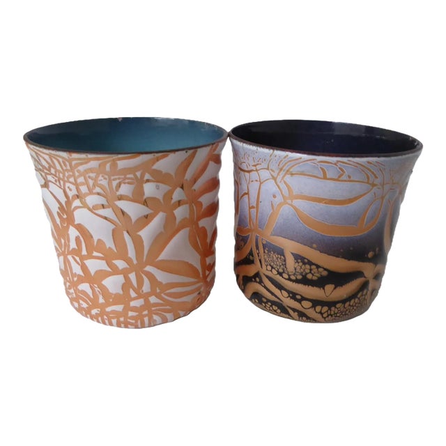 Set of Two 1950s Small Copper Metal Enamel Mid Century Modern Vessels With Abstract Design by Harold Tishler For Sale