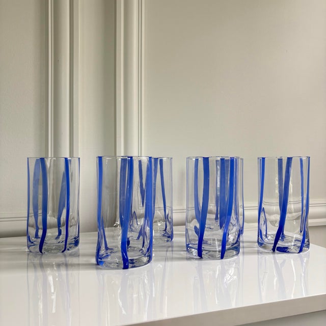 Set of 6 Size: 5.75"H x 3.25"W Blue/Clear Striped Murano Glass Tumblers Made in Italy | Hand-painted Brand new