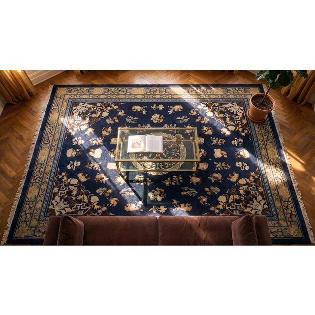 Traditional Floral-Medallion Design in a Navy Background Color Antique Chinese Peking Rug For Sale - Image 15 of 15