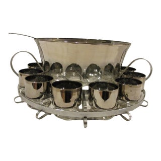 Vintage Dorothy Thorpe Mid Century Modern Silver Fade Ombre Complete Punch Bowl Set Retro 15 pcs Set Complete For Sale