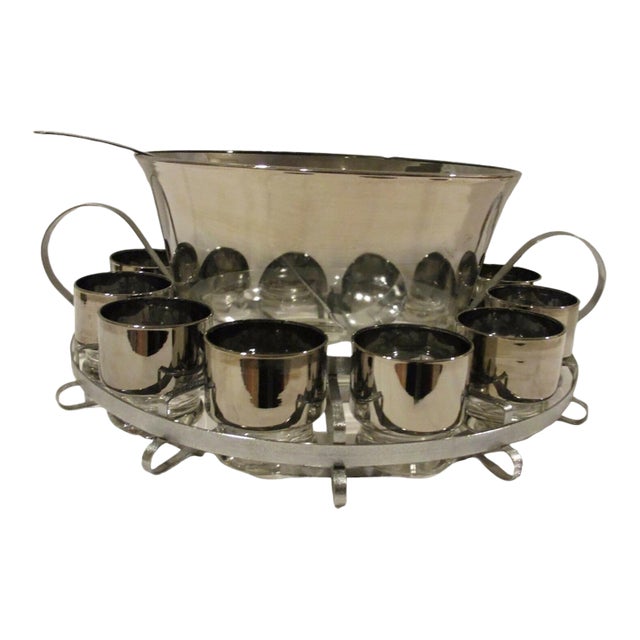 Vintage Dorothy Thorpe Mid Century Modern Silver Fade Ombre Complete Punch Bowl Set Retro 15 pcs Set Complete For Sale