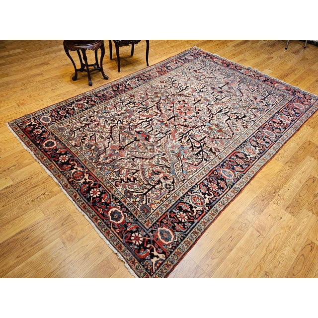 Vintage Heriz Serapi Rug, Hand-Knotted Wool, Allover Geometric Pattern, Ivory & Red, 7x10 For Sale - Image 10 of 18