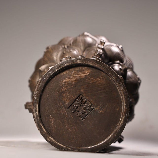 Mid 20th Century Bronze Lotus Incense Burner – High Relief Censer With Lion Finial For Sale - Image 5 of 9