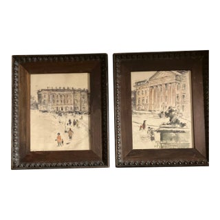 1940’s Vintage Impressionist Watercolor German Cityscapes Signed -A Pair For Sale