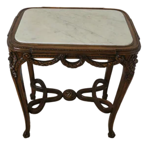French Lamp Table with Carved Decoration and Marble Top, 1940s