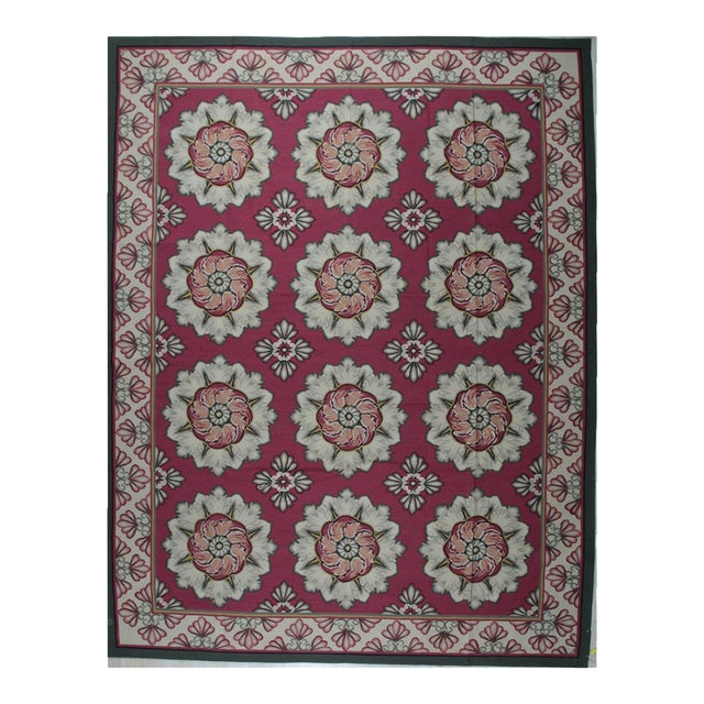 9x12 Vintage Aubusson Flat Weave Wool Rug, Raspberry Rosette For Sale