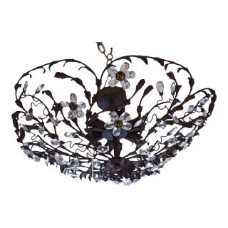XL Vintage 1950s Rust Iron and Crystal Flush Mount Chandelier Attributed to Maison Bagues For Sale