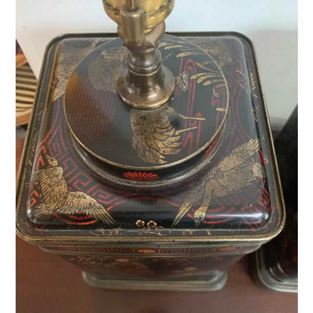 1950s Vintage Asian Fredrick Cooper Tin Tea Table Lamp - a Pair For Sale - Image 5 of 11