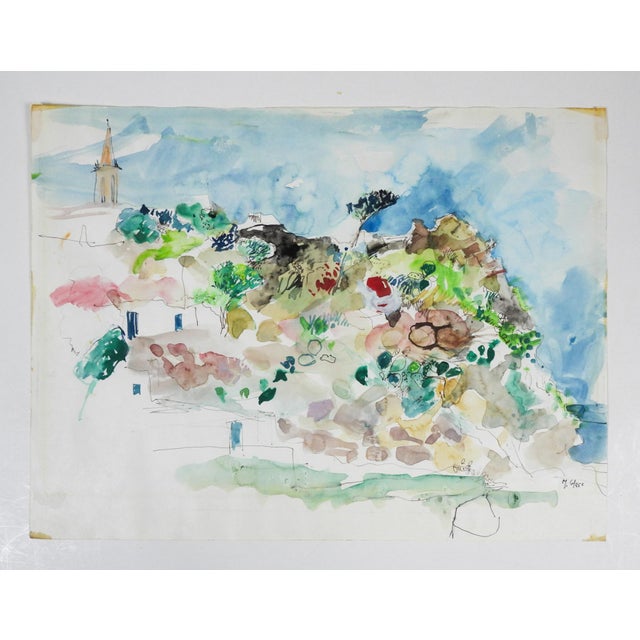 Abstract Late 20th Century Expressionist Village Landscape Watercolor Painting For Sale - Image 3 of 3