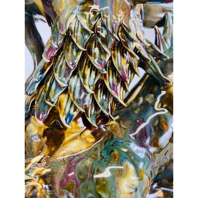 Mid-Century Vintage Magnificent Pair of Majolica Pottery Dragons For Sale - Image 10 of 12