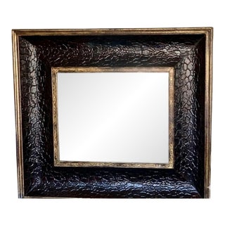 19th Century Beveled Fireplace Mirror, Framed in Heavy Wood Embossed With Leather and Thinly Gilded. For Sale