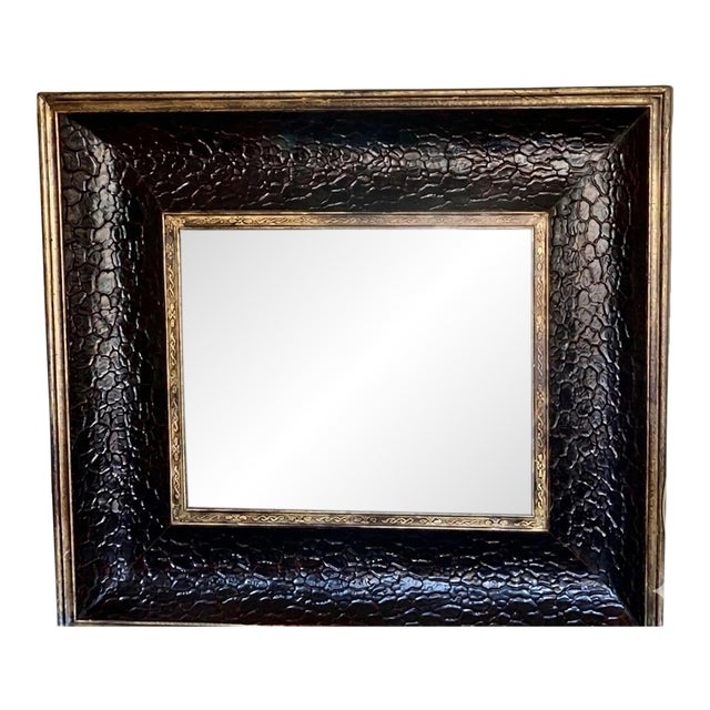 19th Century Beveled Fireplace Mirror, Framed in Heavy Wood Embossed With Leather and Thinly Gilded. For Sale