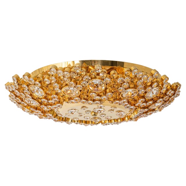 Small Gilt Brass Cut-Glass Flower Flush Mount from Palwa, Germany, 1970s For Sale