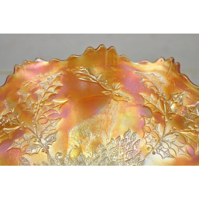 Early 20th Century Fenton Stag & Holly Carnival Glass Ruffled Edge Footed Marigold Bowl For Sale In Philadelphia - Image 6 of 11