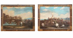 Battle Scenes, Oil Paintings, 18th Century, Set of 2
