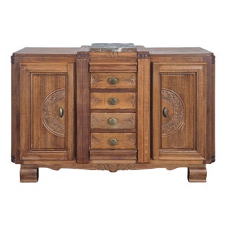 Art Deco Sideboard in Carved Oak with Marble Top, 1930s For Sale