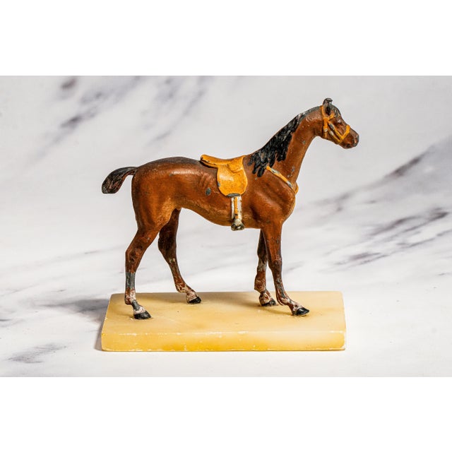 Charming Miniature Antique Austrian Cold Painted Cast Metal Horse Sculpture Statue Marble Base Equestrian Home Decor For Sale - Image 9 of 16