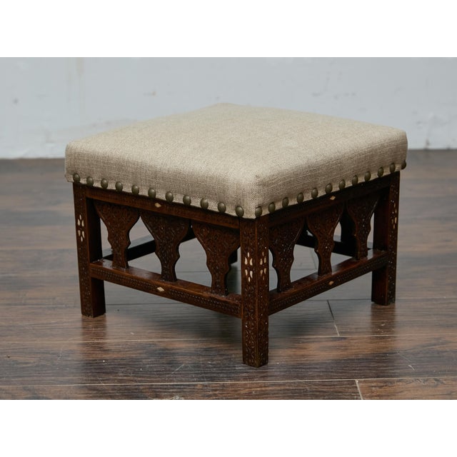 Antique Moroccan Hand-Carved Stool with Custom Linen Upholstery, Circa 1900 For Sale - Image 11 of 12