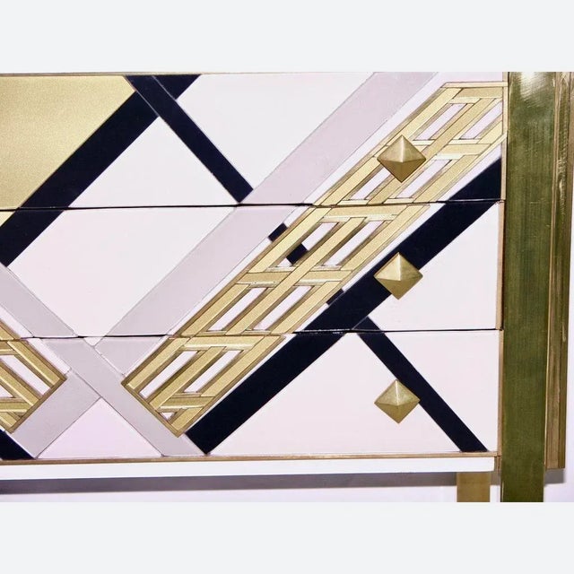 1990s Italian White Black and Gold Chest Sideboard on Brass Legs For Sale - Image 4 of 10