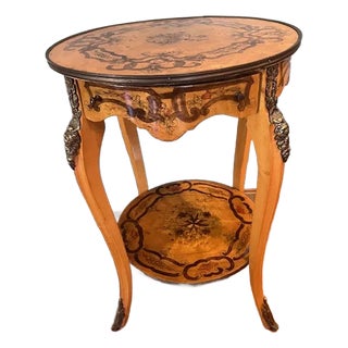 Vintage Italian Marquetry Two-Tier Side Table With Drawer & Bronze Mounts For Sale