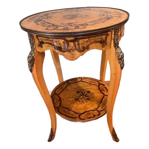 Vintage Italian Marquetry Two-Tier Side Table With Drawer & Bronze Mounts For Sale