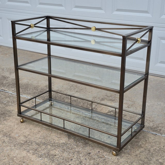 Late 20th Century Neoclassical Maison Jansen Style 3-Tiered Metal & Glass Bar Cart or Serving Cart With Gallery For Sale - Image 10 of 10