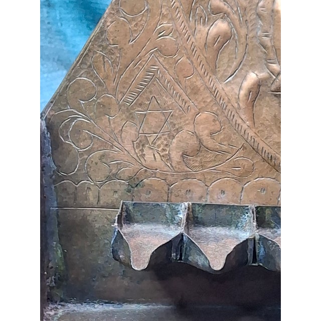 Rare 19thC Moroccan Brass Hanukkah Menorah Hand-Repoussé Maghrebi Judaica Oil For Sale - Image 13 of 17