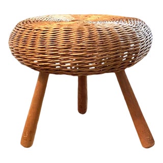 Mid Century Large Tony Paul Wicker, Wood Tripod Footstool, Side Table For Sale