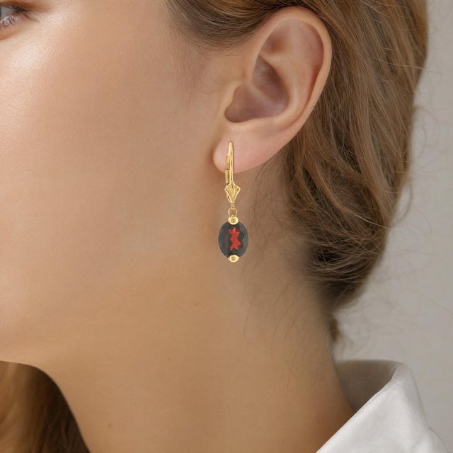 Modern 14k Yellow Gold Oval Garnet Wire Drop Earrings, Pair For Sale - Image 4 of 4