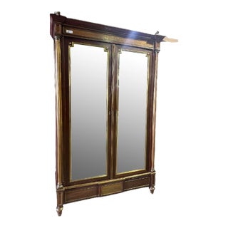 Exceptional Brass Inlaid French Directoire Beveled Mirrored Armoire Tv Cabinet For Sale