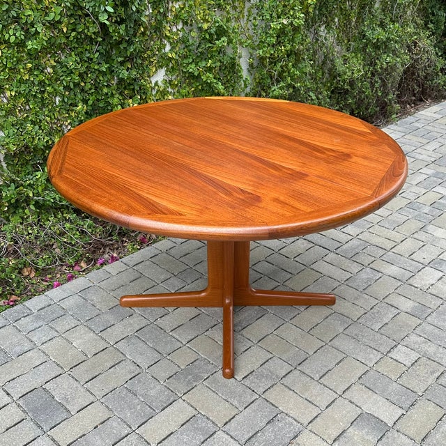 Brown Vintage 1970s Danish Modern Teak Pedestal Base Extension Dining Table For Sale - Image 8 of 12
