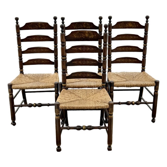 Vintage Hitchcock Harvest Paint Decorated Ladderback Rush Seat Dining Chairs - Set of 4 For Sale