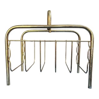 Vintage Brass Magazine Rack | Hollywood Regency Tubular Metal Newspaper Holder For Sale