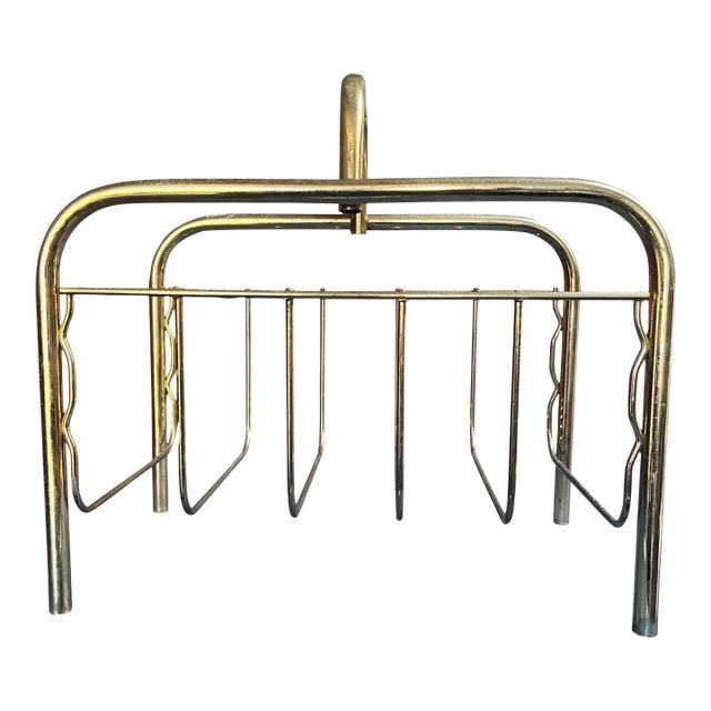Vintage Brass Magazine Rack | Hollywood Regency Tubular Metal Newspaper Holder For Sale