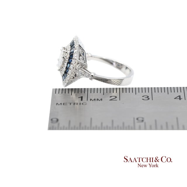 18k(750) White Gold Royal Blue Sapphire and Asscher Pie Cut Natural Diamond Ring, Size 6.5 For Sale - Image 11 of 11