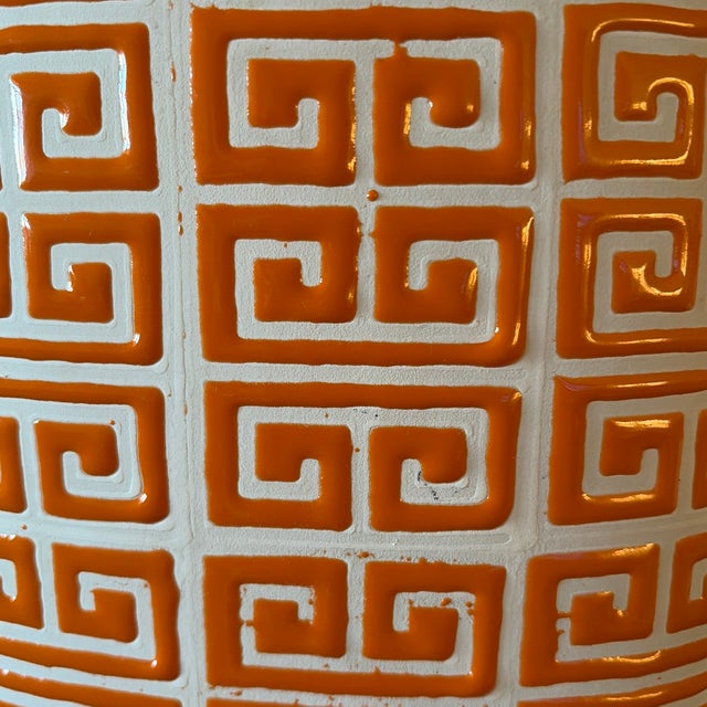 Large Orange & White Greek Key Ceramic Vase | Hollywood Regency Style For Sale - Image 4 of 8
