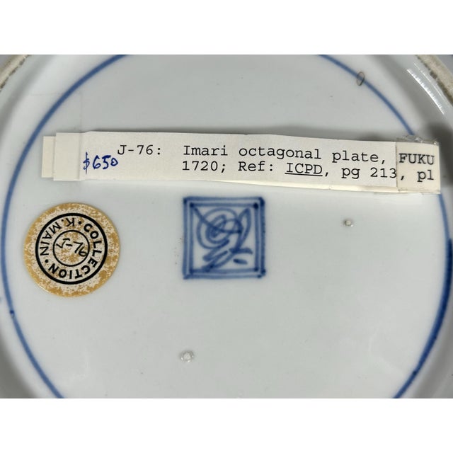 Blue Antique Imari Octagonal Plate: Edo Period Japanese Porcelain, Fuku Seal Mark For Sale - Image 8 of 10