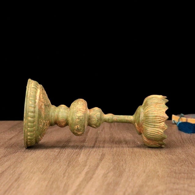 Traditional Bronze Lotus Candlestick – 5.7" Altar Candle Holder With Verdigris Patina For Sale - Image 3 of 5