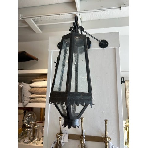 Vintage Iron Lantern Wall Sconces With Glass Seeded Panels - a Pair For Sale - Image 13 of 17