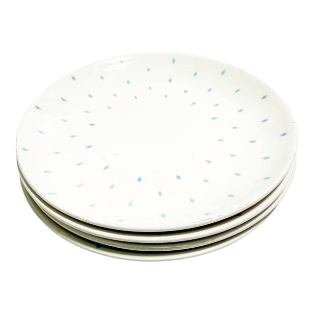 Vintage 1950s MCM Atomic Homer Laughlin Dura-Print Blue Diamond Plates – Set of 4 For Sale