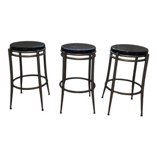 1990s Vintage Round Ebony Hardwood and Steel Counter Stools - Set of 3 For Sale