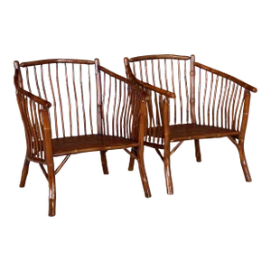 1980’s Coastal Rustic Wood Faux Bamboo Club Chairs-Pair