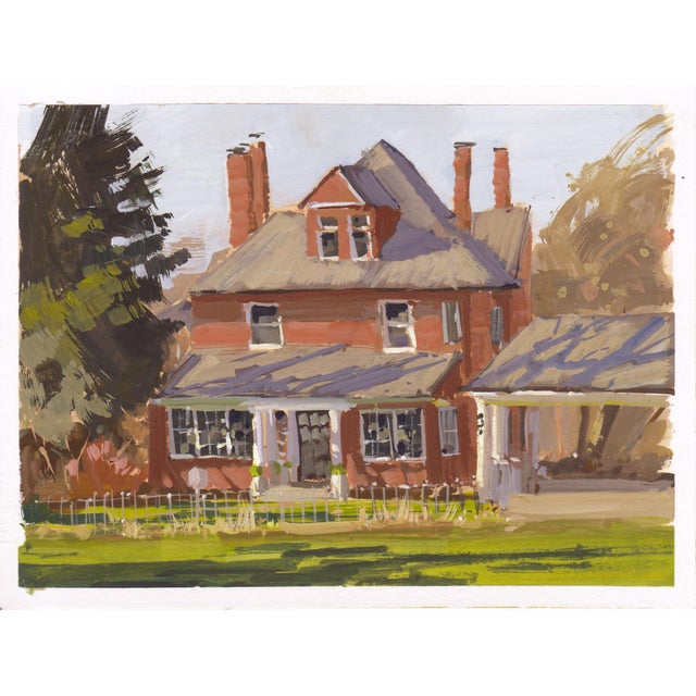 This gouache painting captures a charming brick house in Englewood, Colorado, enveloped in soft, natural light. The warm...